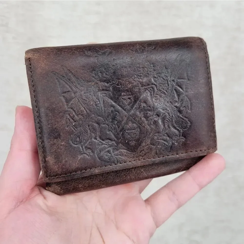 Faded Glory Vintage Brown Leather Wallet with Crest Dueling Dragons Embossed